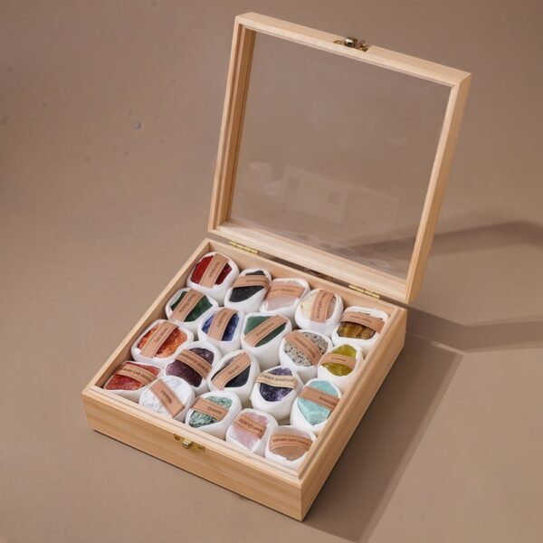 Wooden Box Natural Crystal Raw Stones Set