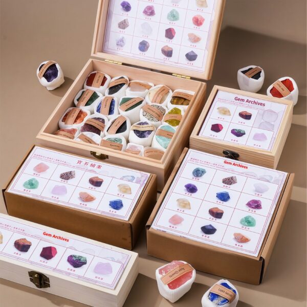 Wooden Box Natural Crystal Raw Stones Set