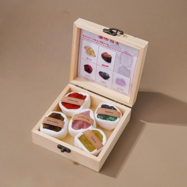 Wooden Box Natural Crystal Raw Stones Set