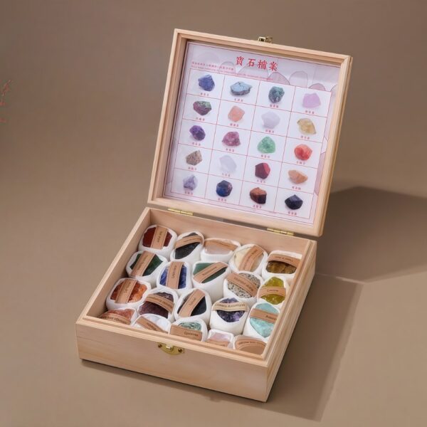 Wooden Box Natural Crystal Raw Stones Set