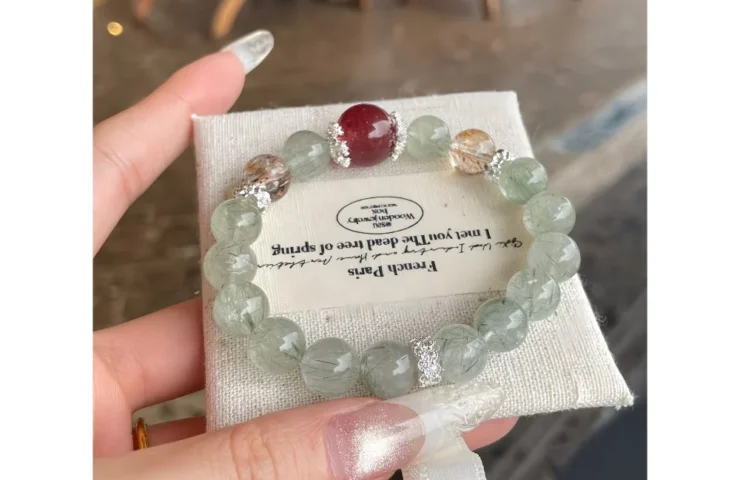 Neo-Chinese Style Green Rutilated Quartz Crystal Bracelet5