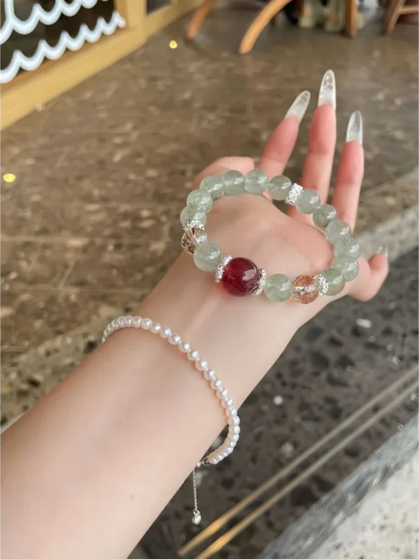 Neo-Chinese Style Green Rutilated Quartz Crystal Bracelet