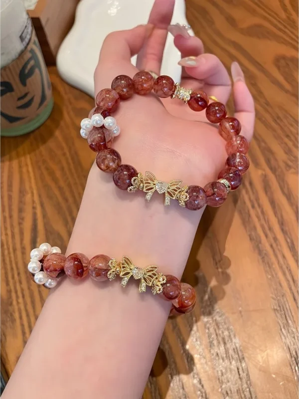 Red Rubber Flower Agate Butterfly Crystal Bracelet