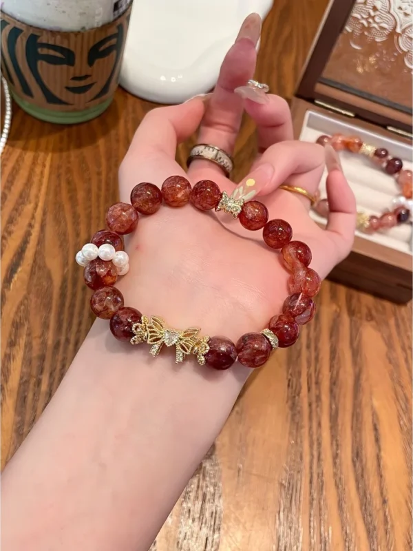 Red Rubber Flower Agate Butterfly Crystal Bracelet2